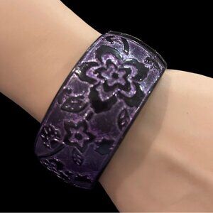 Purple Floral Embossed Hinged Bangle Bracelet